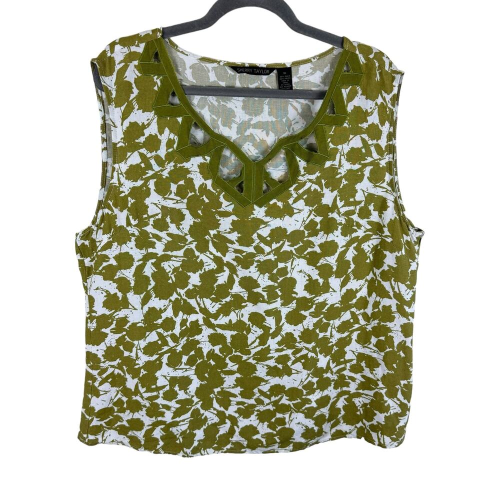 Sherry‎ Taylor Green White Floral Cutout Sleeveless Light V-Neck Blouse Size 1X